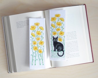 2 Bookmark Cross Stitch Patterns, Black Cat Cross Stitch Pattern Flower Floral, Instant download PDF