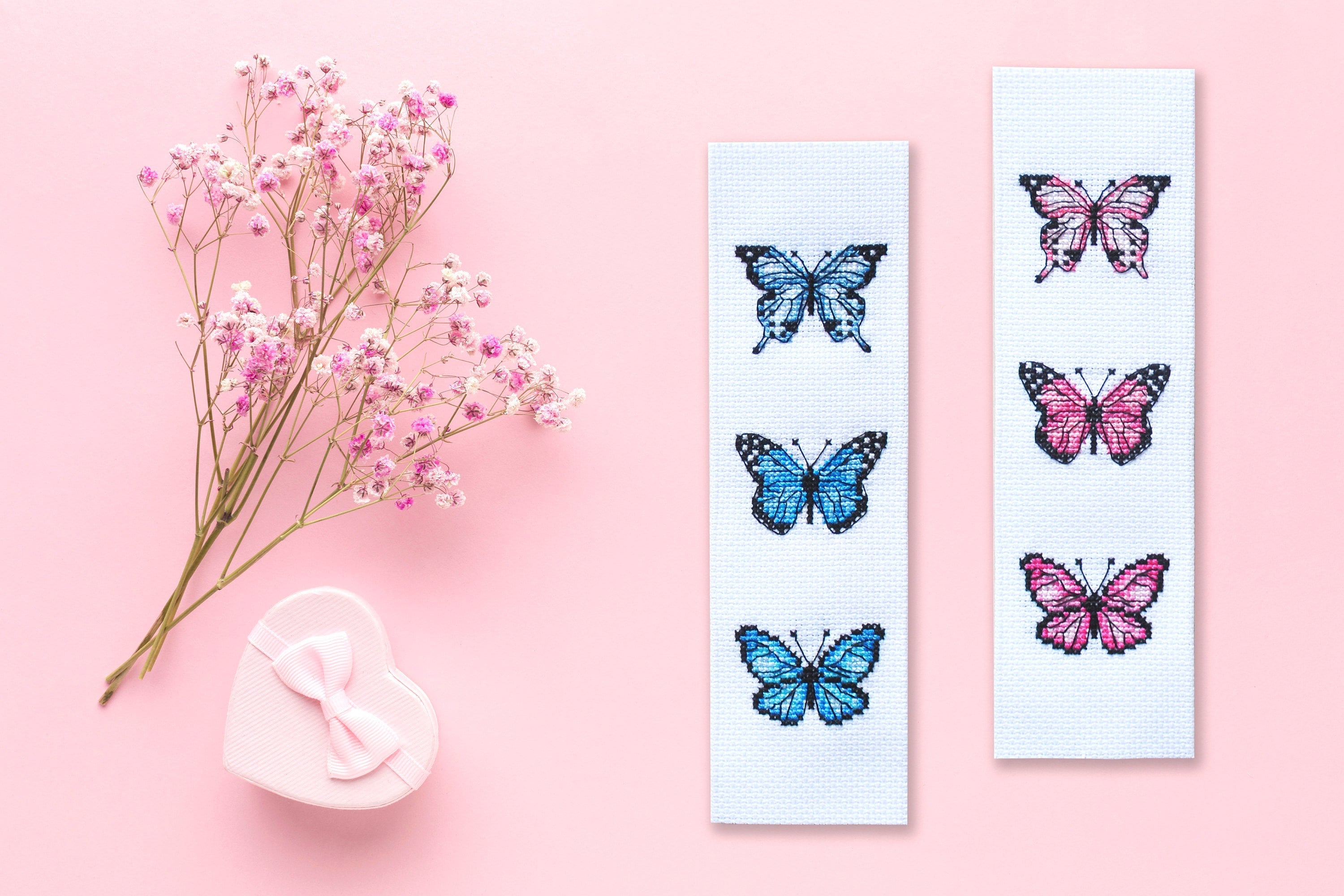2 Bookmark Cross Stitch Patterns Butterflies Blue Pink Etsy