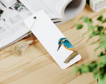 British Birds - Kingfisher design  12cm x 3.2cm Aluminium Bookmark with Colourful Tassel from Original Artwork Personalise