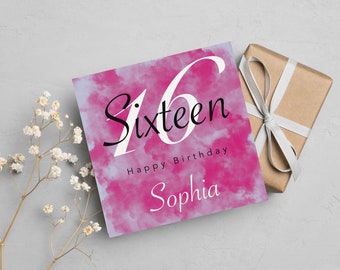 Personalised Square Pink 16th Birthday Card, Daughter, Granddaughter, Birthday Girl, Sister, Friend, Sweet 16, Sweet Sixteen