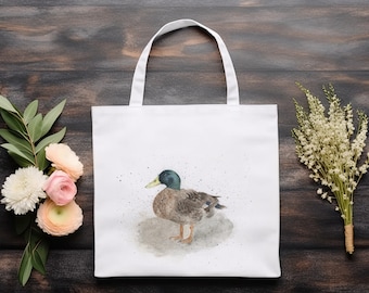 British Wildlife Duck Watercolour White Tote Fabric Shopping Bag