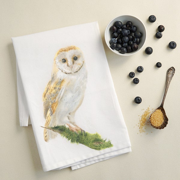 British Birds White Cotton Tea towel - Barn Owl design teatowel 34 x 51 cm from Original Artwork