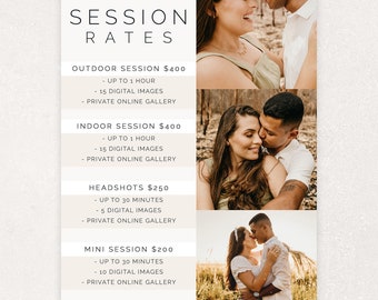 Photography Pricing PDF Template, Photography Price List, Photography Price Sheet, Photoshop Template, Pricing Guide Session Rates