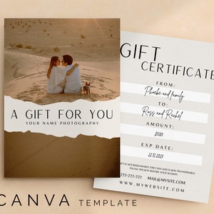 Certificat-cadeau de photographie, modèle Canva, coupon de session, bon-cadeau, modèle personnalisé de photographie, carte-cadeau imprimable
