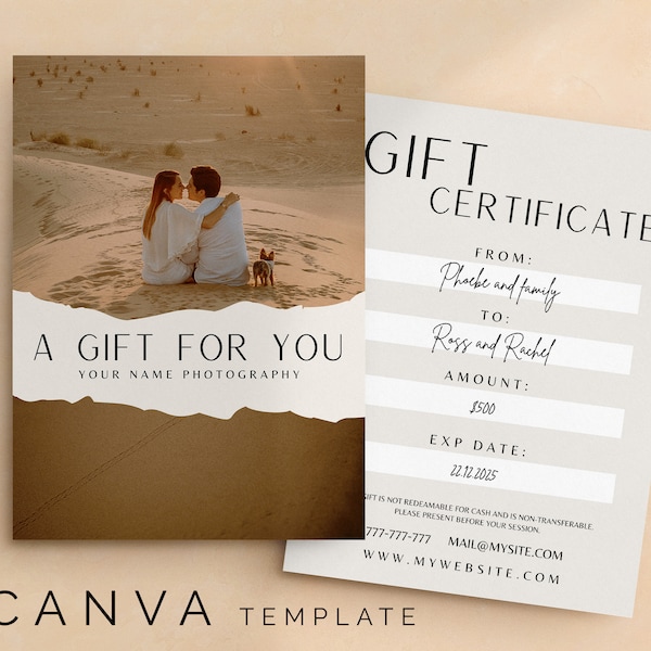 Certificado de regalo de fotografía, plantilla Canva, cupón de sesión, vale de regalo, plantilla personalizada de fotografía, tarjeta de regalo imprimible
