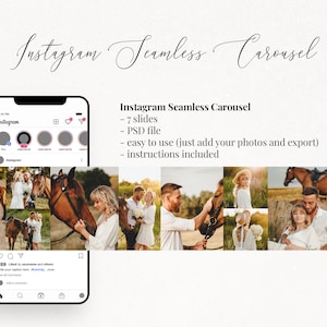May include: A digital mockup of an Instagram carousel template with seven slides featuring photos of a couple and a horse. The template is designed for easy customization with your own photos.