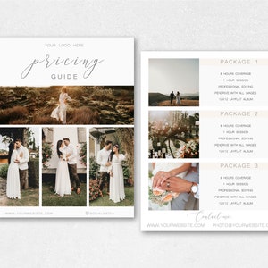Puede incluir: Una guía de precios para los servicios de fotografía de bodas. La guía incluye tres paquetes con diferentes horas de cobertura, opciones de edición y tamaños de álbum. Los paquetes se enumeran en un fondo beige con texto blanco. La imagen también incluye un collage de fotos de bodas.
