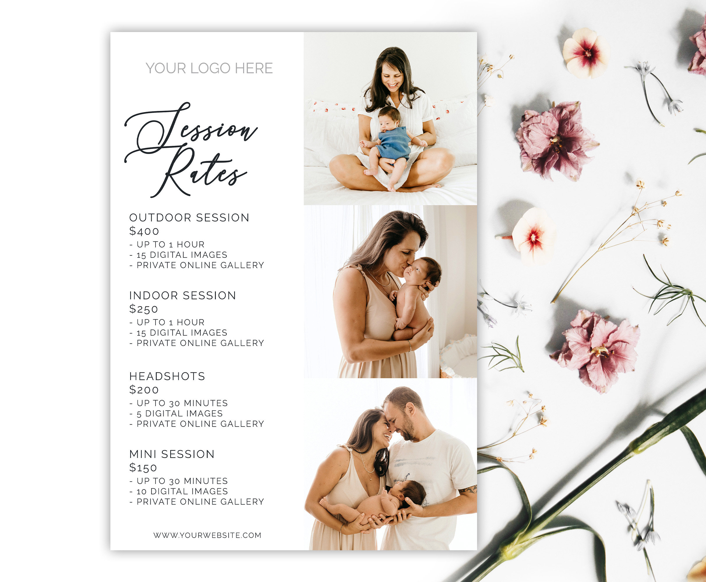 Photography Pricing PDF Template, Photography Price List, Photography Price Sheet, Photoshop Template, Pricing Guide Session Rates