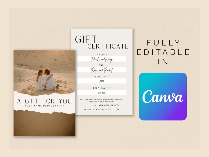 Photography Gift Certificate, Canva Template, Session Coupon, Gift Voucher, Photography Personalized Template, Printable Gift Card image 2