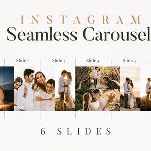 Puede incluir: Un carrusel de Instagram de seis diapositivas que muestra a una pareja en varias poses en un entorno natural. La pareja está vestida con ropa blanca y las fotos presentan una variedad de fondos, incluyendo un puente de madera, un campo de hierba alta y un bosque.