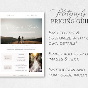 One Page Photography Price List, Wedding Pricing Guide, Price Sheet, Pricing Guide for Photographers, Sell Sheet Template, Premium PSD