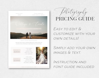 One Page Photography Price List, Wedding Pricing Guide, Price Sheet, Pricing Guide for Photographers, Sell Sheet Template, Premium PSD