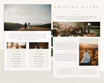Two Page Pricing Guide for Wedding Photographers - Session Rates, Services, Printable Client Guide Photoshop PSD