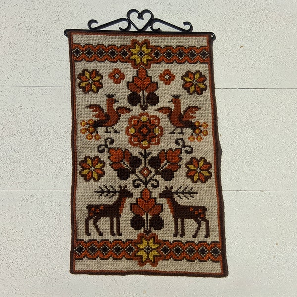 Vintage Swedish folk embroidered hanging tapestry Mid century wall decor