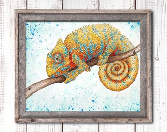 Chameleon Art, Watercolor Chameleon, Chameleon Prints, Chameleon Painting