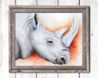 Rhino Art, Watercolor Painting Rhinoceros, Artwork Print Giclee Picture