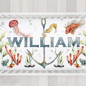 Custom Name Crib Sheet - Watercolor Ocean Design - Extra Soft Minky Fabric - Nautical Underwater Sea Beach Theme