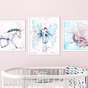 Girls Fantasy Watercolor Art Prints | Fairy Unicorn Dragon Painting | Nursery Decor | Girl Room | Fairy-tale Theme |