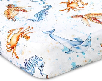 Jersey Knit Cotton Nautical Crib Sheet - Colorful Watercolor Ocean Creature Design - Soft Stretchy Breathable