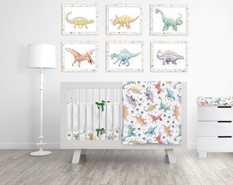 Dinosaur Nursery Set - Jersey Knit Cotton Crib Sheet, Minky Blanket, Changing Pad Cover, 6 Dinosaur Prints - Unique Baby Shower Gift Idea