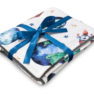 Outer Space Baby Blanket | 30x40 Inches | Watercolor Planets Rocket Ships, UFO, Animal Astronauts, Stars