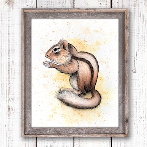 Chipmunk Art, Watercolor Woodland Print, Cute Animal Painting