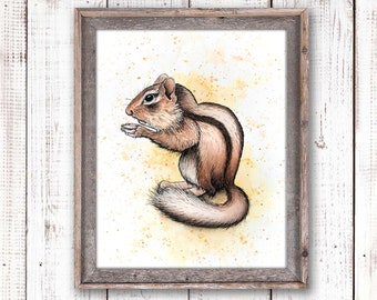 Chipmunk Art, Watercolor Woodland Print, Cute Animal Painting