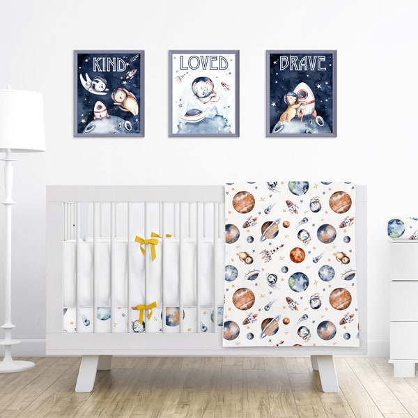 Outer Space Animal Nursery Set - Jersey Knit Cotton Crib Sheet, Minky Blanket, Changing Pad Cover, 3 Prints - Unique Baby Shower Gift Idea