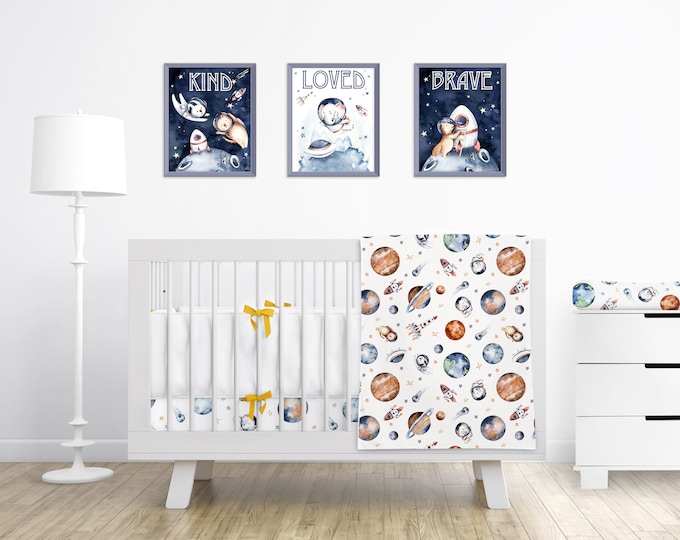 Outer Space Animal Nursery Set - Jersey Knit Cotton Crib Sheet, Minky Blanket, Changing Pad Cover, 3 Prints - Unique Baby Shower Gift Idea