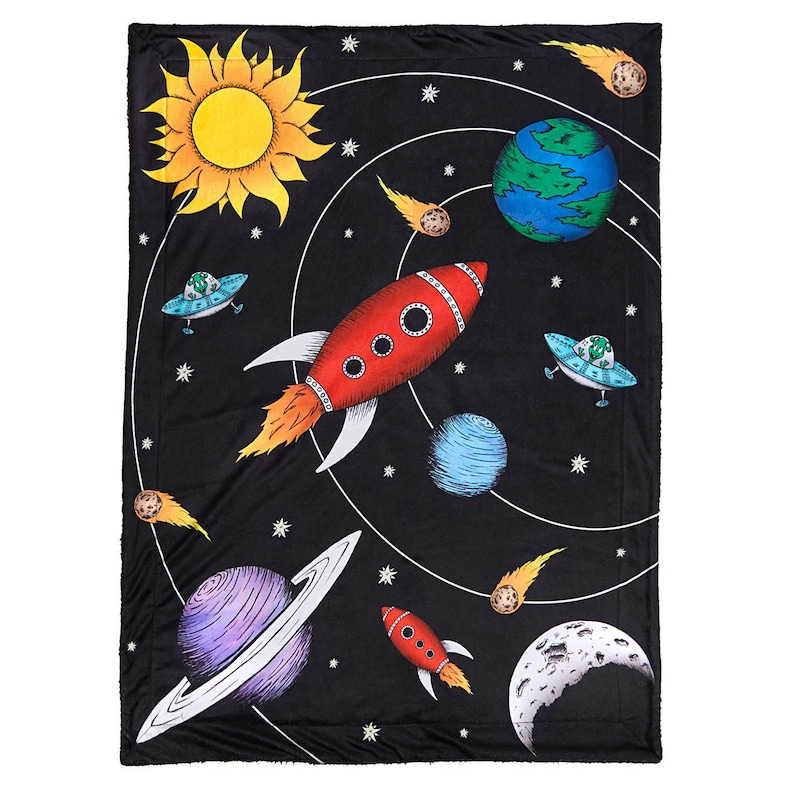 Toddler Boy Girl Outer Space Baby Blanket Hand Drawn Gift Astronaut Rocketship Planets Galaxy Alien Comet Earth UFO Saturn Moon