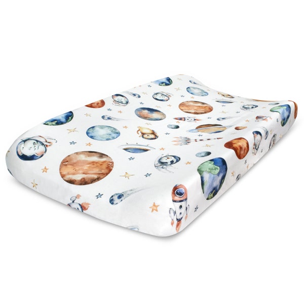Outer Space Animal Changing Pad Cover - Extra Soft and Stretchy Jersey Knit Cotton - Unique Watercolor Nursery Decor for Baby Boys and Girls