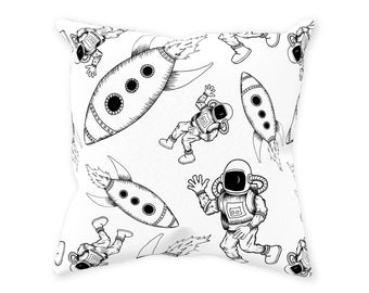 Outer Space Throw Pillow | White Astronaut Rocketship Theme Nursery Decor | 14 X 14 Inch