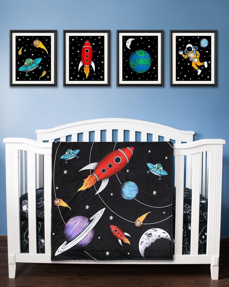 Toddler Boy Girl Outer Space Baby Blanket Hand Drawn Gift Astronaut Rocketship Planets Galaxy Alien Comet Earth UFO Saturn Moon