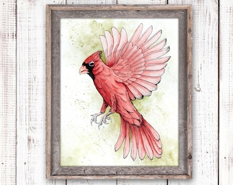 Cardinal Art, Watercolor Bird Print, Red Bird Painting