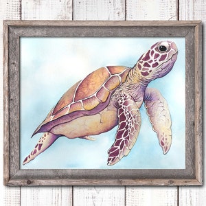 May include: Watercolor painting of a sea turtle in a rustic gray wooden frame. The turtle has a light brown shell with purple and yellow accents. The background is a light blue, creating a serene underwater scene.