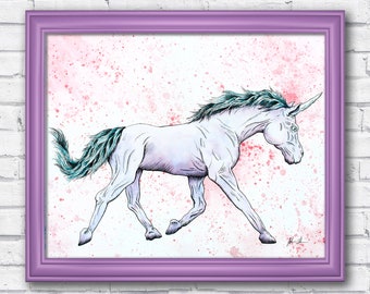 Girl's Unicorn Art, Watercolor Nursery Print, Pink Fantasy Painting