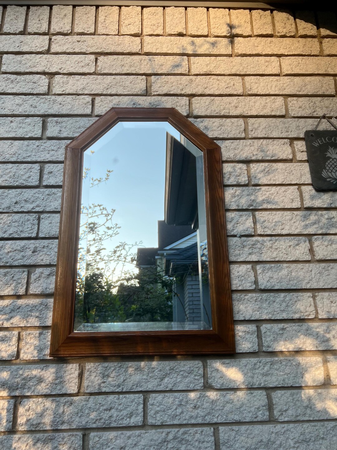 Vintage Hexagon Solid Oak Frame Beveled Mirror Made in USA