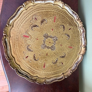 Vintage Italian Florentine Gold Gilted Round Tray 15” diameter/Large Made in Italy Florence Hand Made Gold Tray/Gold Perfume Tray image 8