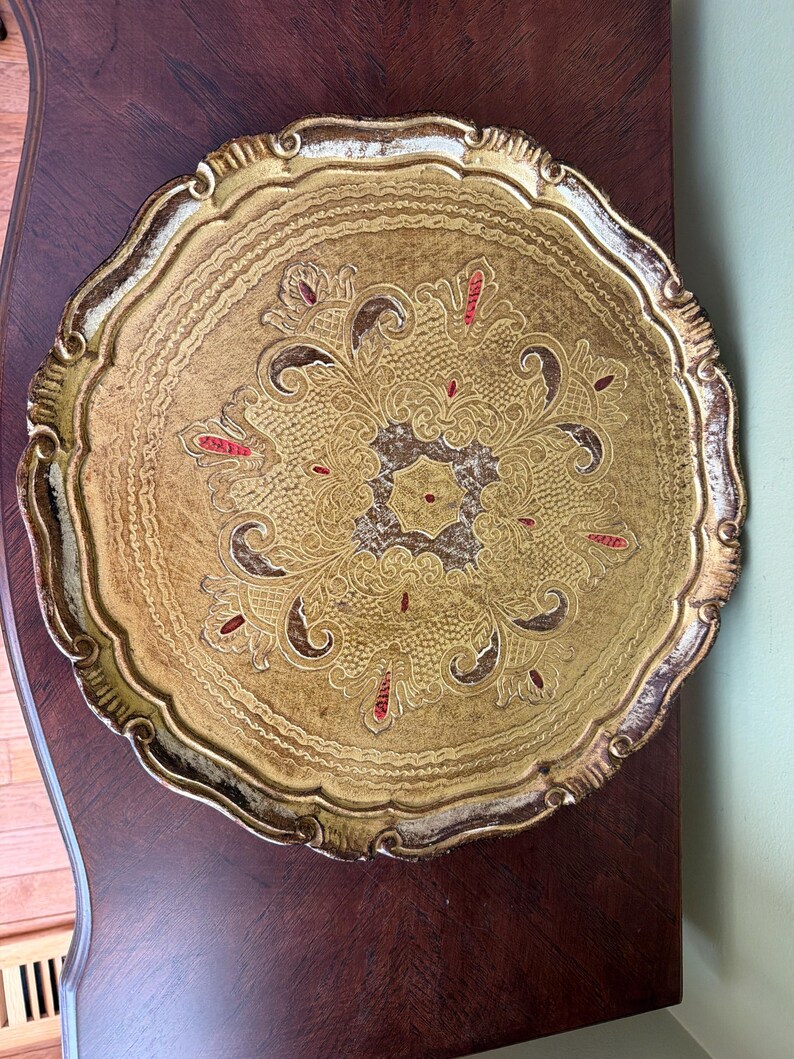 Vintage Italian Florentine Gold Gilted Round Tray 15” diameter/Large Made in Italy Florence Hand Made Gold Tray/Gold Perfume Tray image 8