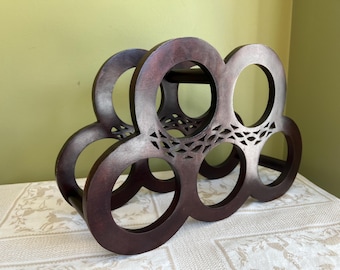 Vintage Wooden Wine Rack 5 bottles capacity/ Tabletop Wine Holder Rack/ Dark finish Wood Wine Rack with Cutout Decor/ Countertop Wine Rack