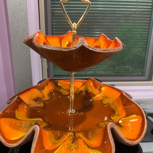 MCM Sequoia USA Orange and Brown Glazed Ceramic Scalloped Edges Two Tiered Serving Stand/Nut Serving Stand/ Retro Candy Stand