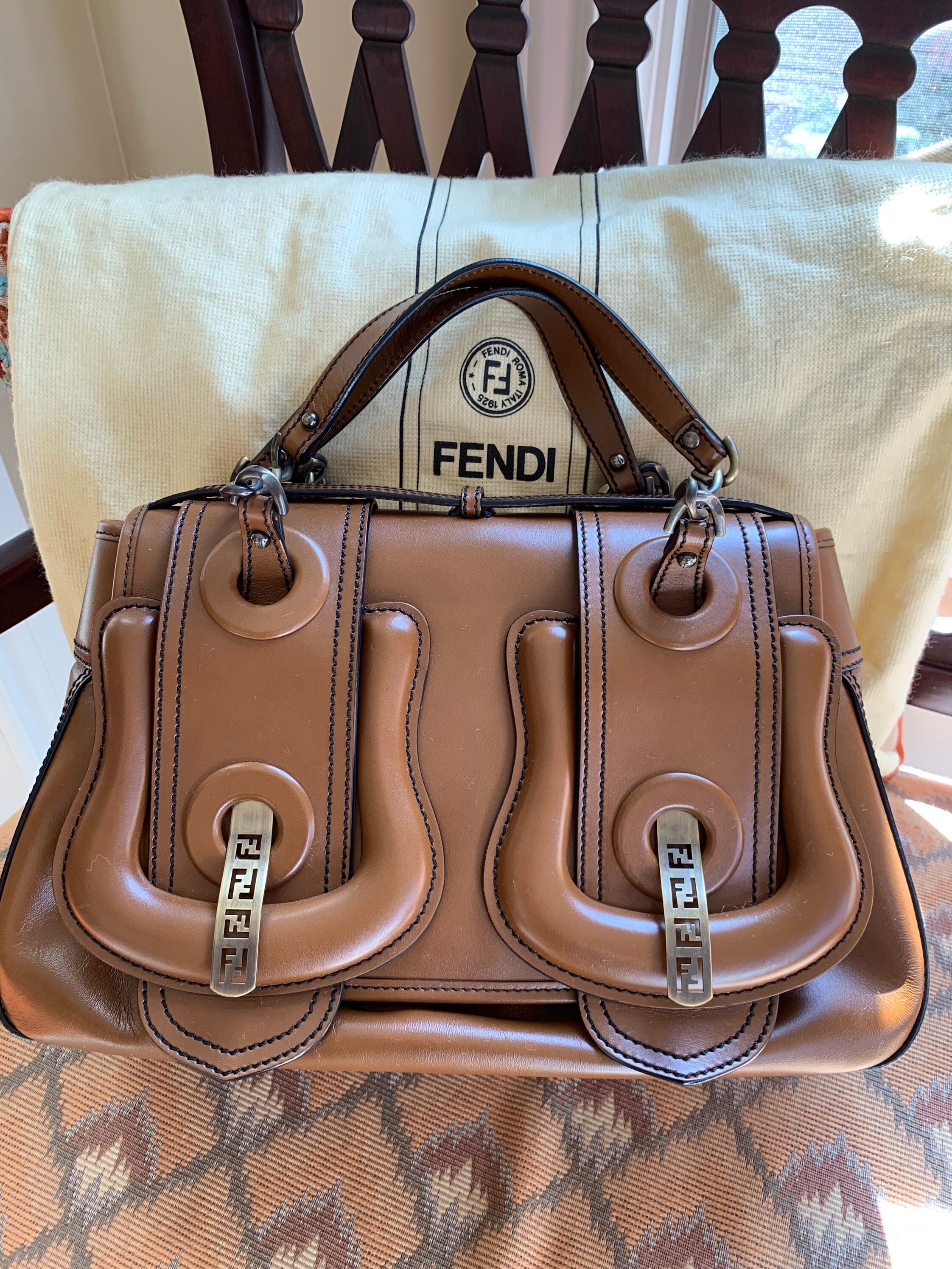 Fendi Large Spy Bag Brown Leather Zucca Lining Vintage 1990's