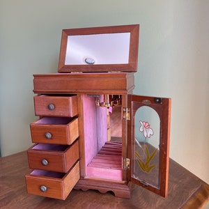 Vintage Wooden Jewelry Armoire Flip Open Mirrored Top Necklace Carousel Pink Lining/Wooden Jewelry Box/Jewelry Chest/Jewelry Organizer