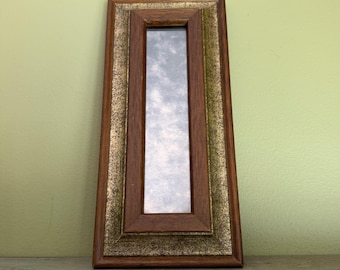 Vintage Long and Narrow Wooden Frame Small Wall Mirror with Aged Effect Glass made in USA//Mid Century Small Gallery Mirror 11”x 5.5”