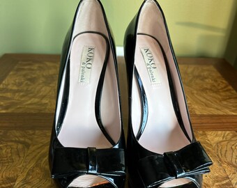 Vintage Koko Palenki zapatos de plataforma de charol negro sz 7,5 tacones  altos peep toes tacones altos bombas arco zapatos de tacones altos