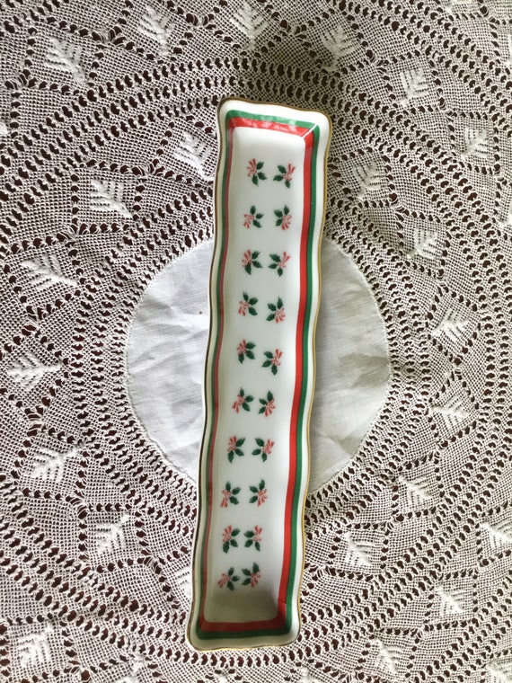 Vintage Lefton holiday christmas long narrow ceramic tray Holly Berry Print/ Holly Berry Christmas Boat Tray