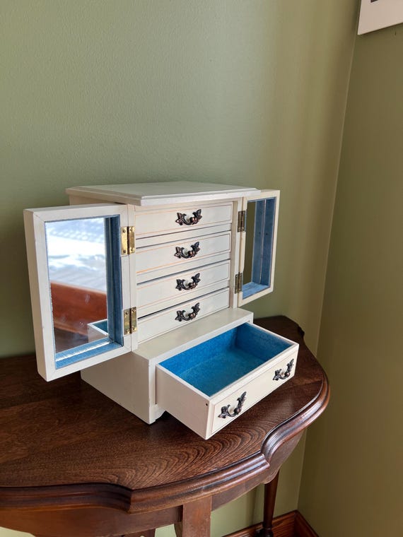 Mid Century Stellar Musical Wooden Jewelry Armoire 5 Drawers