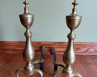 Vintage Brass and Iron Fireplace Andirons Pair 