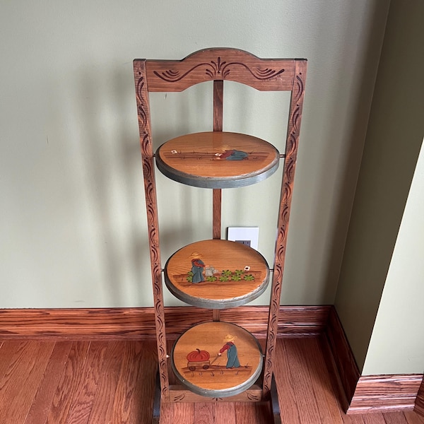 Mid Century Folding Solid Wood Muffin Stand with Carved Detailing and Hand Painted Garden Scenes 3 tiered