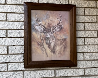 Vintage 1978 K. Maroon SILENT BUCK Deer Picture Wall Art/ Vintage Deer Print Art Wall Hanging